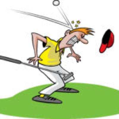 Cartoon man getting hit with golf ball